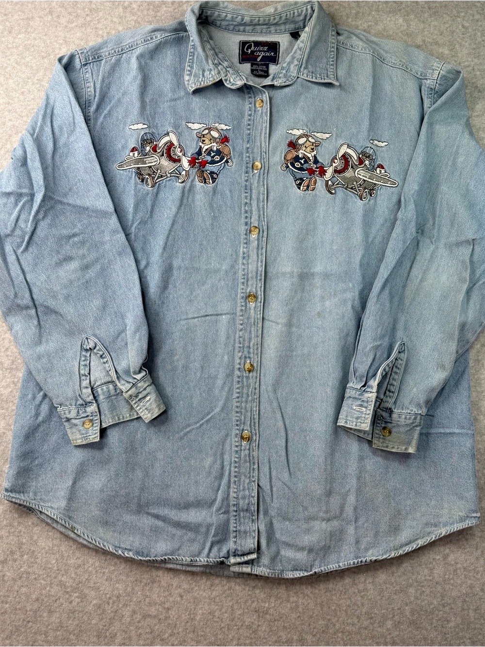 Quinn Again New York-  Light Wash Denim Shirt with Airplane Embroidery - Large